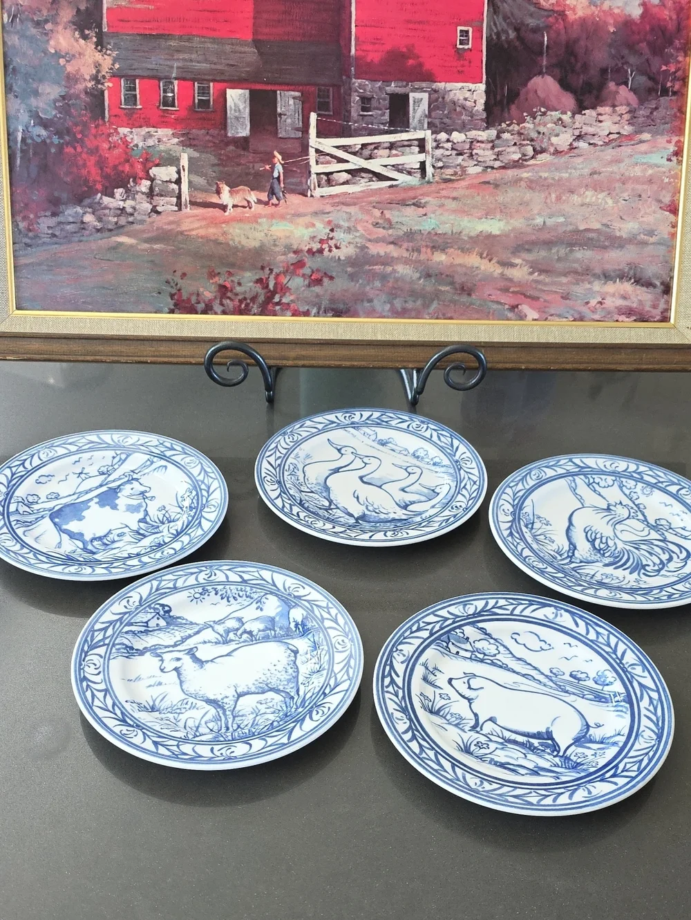 Williams Sonoma Blue and White Farm Animal Plate Set - 5 Pieces